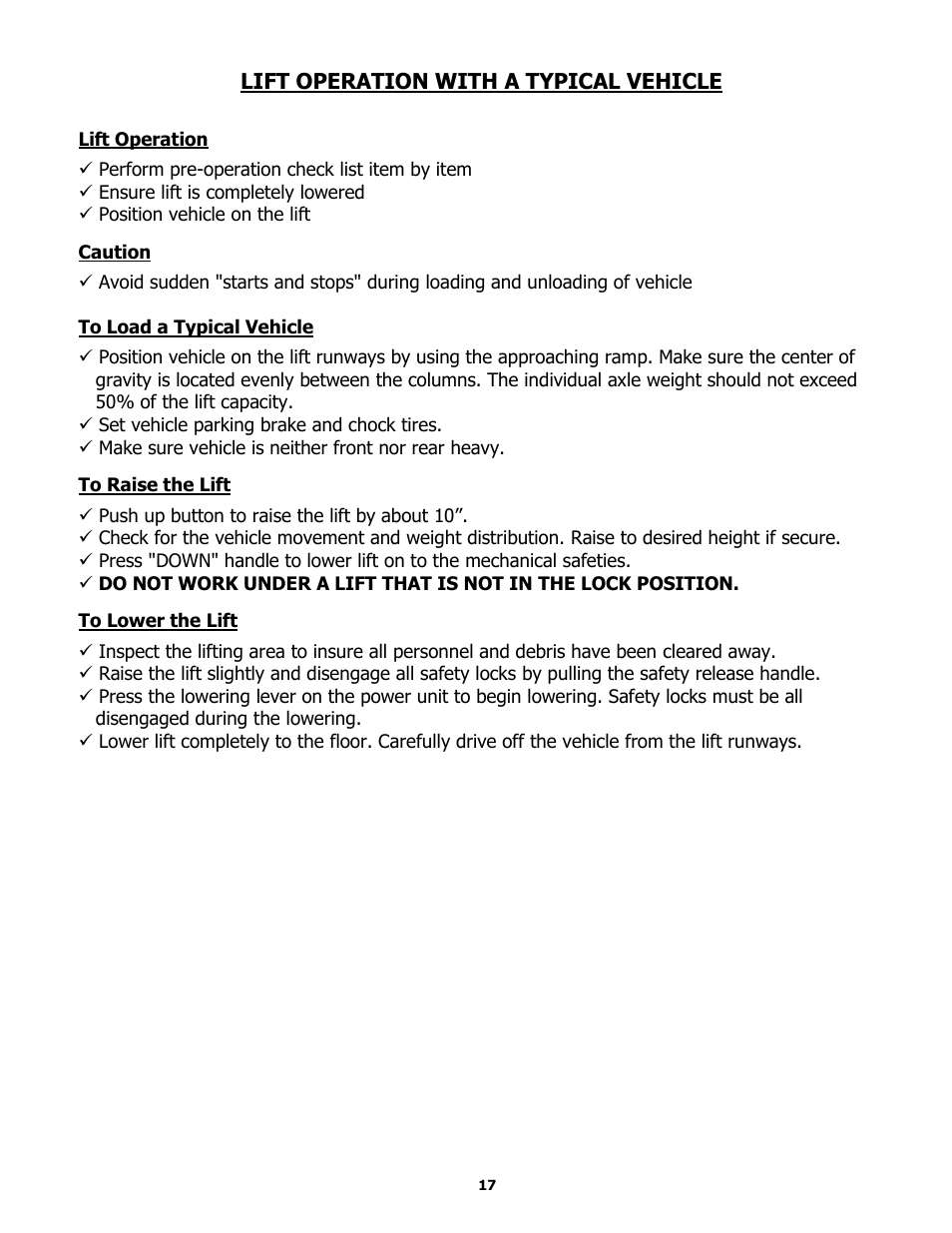 Lift operation with a typical vehicle | BASELINE Lift BL412 User Manual | Page 17 / 32