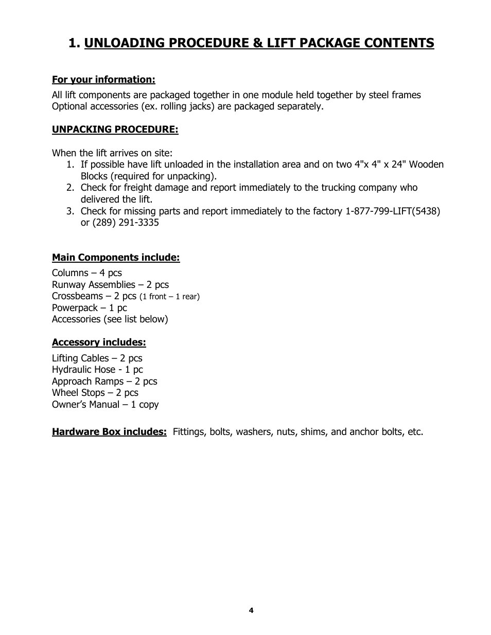 Unloading procedure & lift package contents | BASELINE Lift BL412 User Manual | Page 4 / 32
