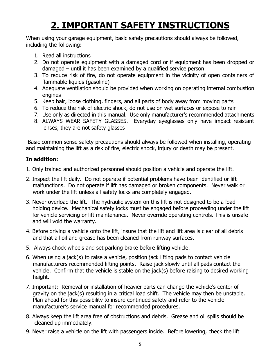 Important safety instructions | BASELINE Lift BL412 User Manual | Page 5 / 32