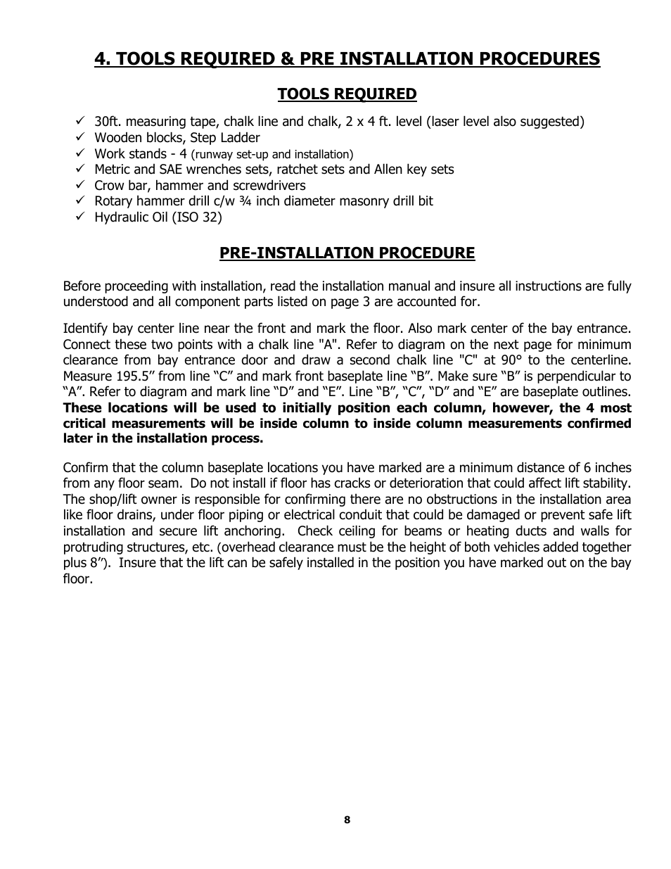 Tools required & pre installation procedures | BASELINE Lift BL412 User Manual | Page 8 / 32