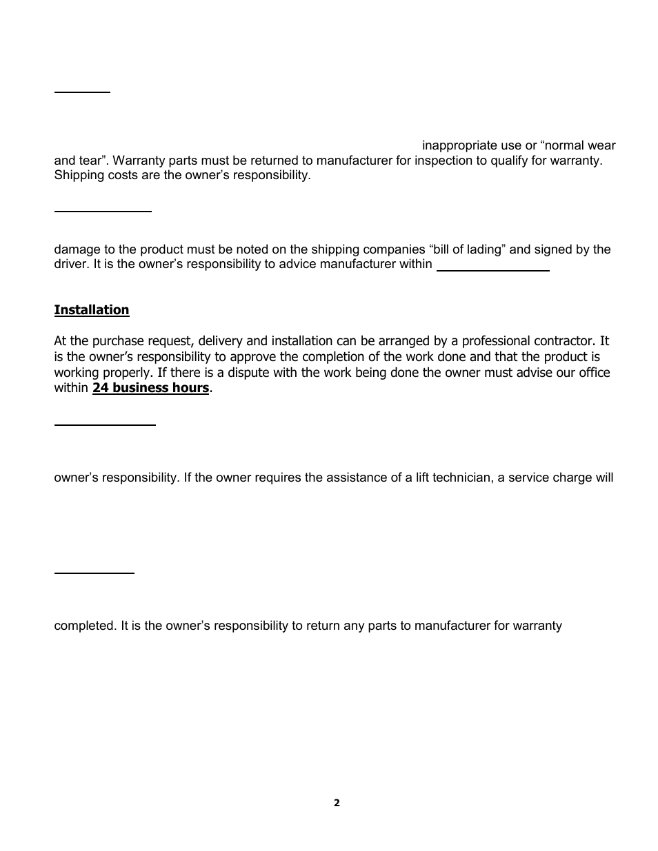 Lift purchase buyers agreement | BASELINE Lift BLM1000 User Manual | Page 2 / 9