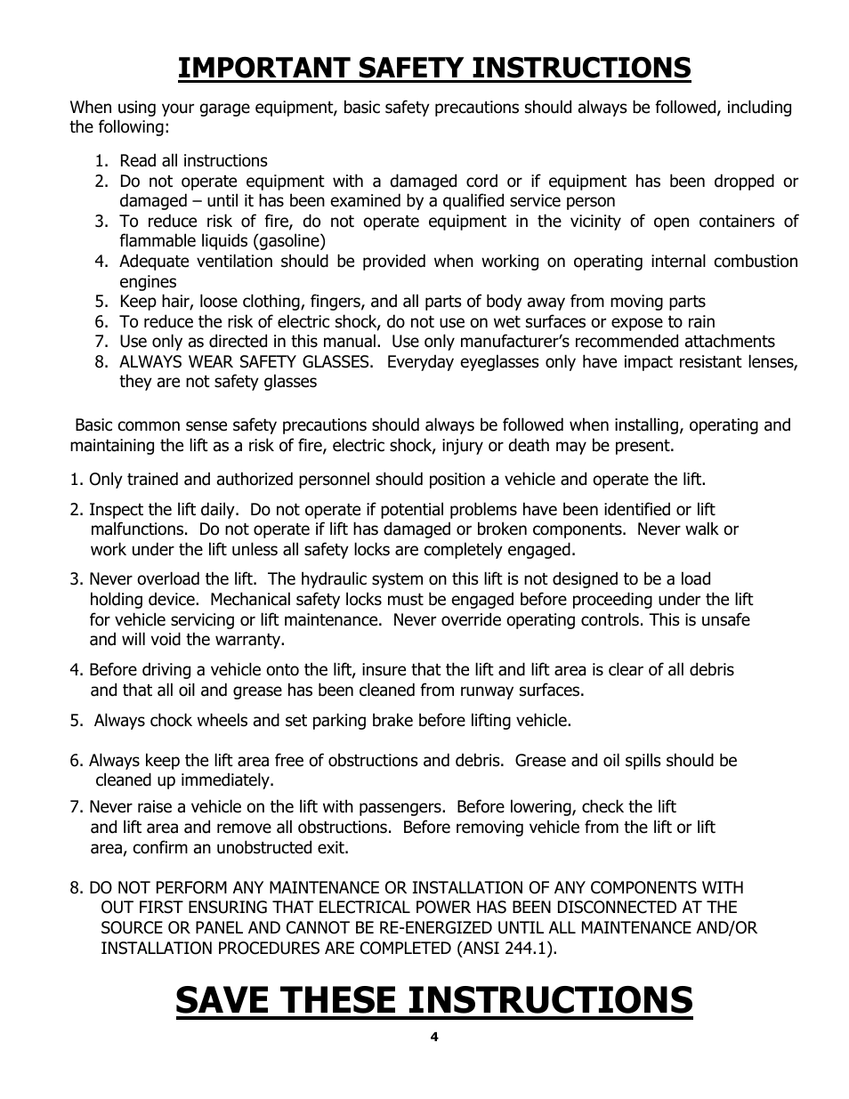 Save these instructions, Important safety instructions | BASELINE Lift BLM1000 User Manual | Page 4 / 9