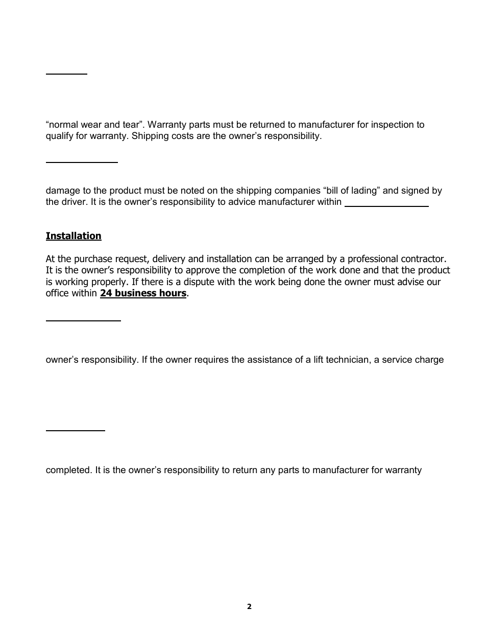 Lift purchase buyers agreement | BASELINE Lift BLMR06 User Manual | Page 2 / 24