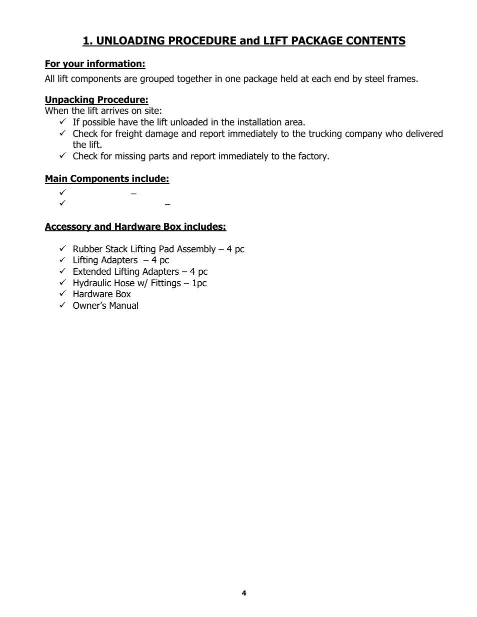 Unloading procedure and lift package contents | BASELINE Lift BLMR06 User Manual | Page 4 / 24