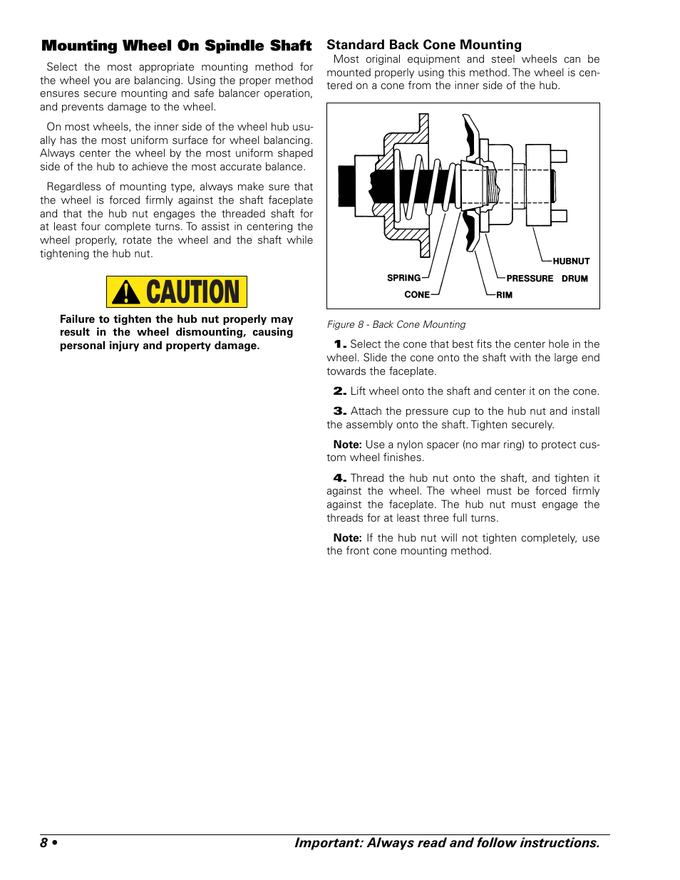 Caution, Mounting wheel on spindle shaft | BASELINE 225 User Manual | Page 12 / 28