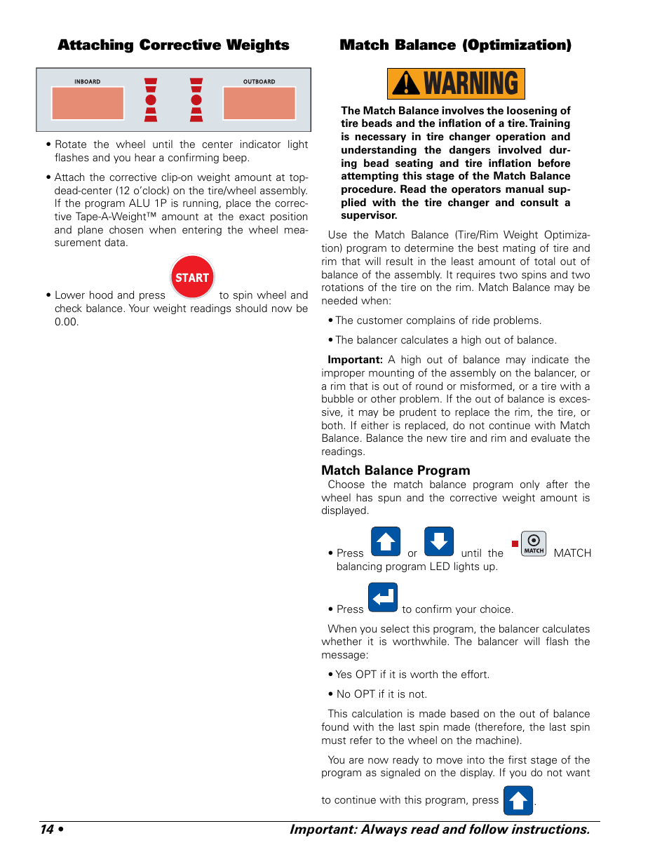 Warning, Attaching corrective weights, Match balance (optimization) | BASELINE 225 User Manual | Page 18 / 28