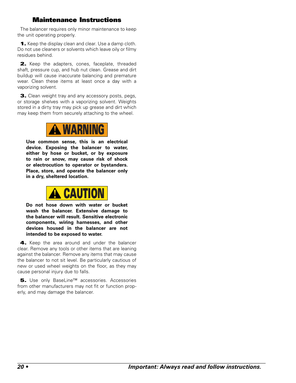 Warning, Caution, Maintenance instructions | BASELINE 225 User Manual | Page 24 / 28