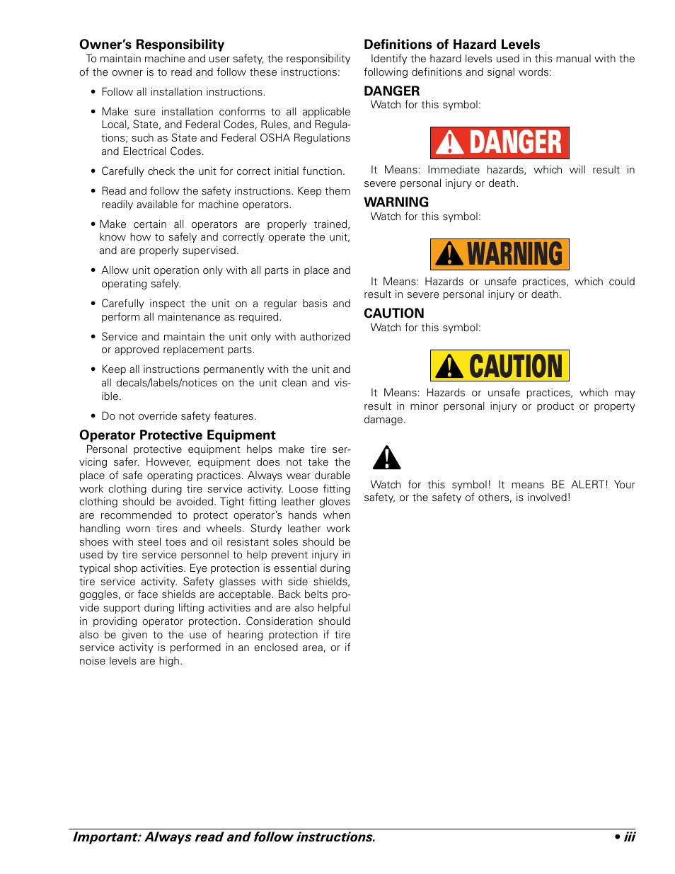 Danger, Warning, Caution | BASELINE 225 User Manual | Page 3 / 28