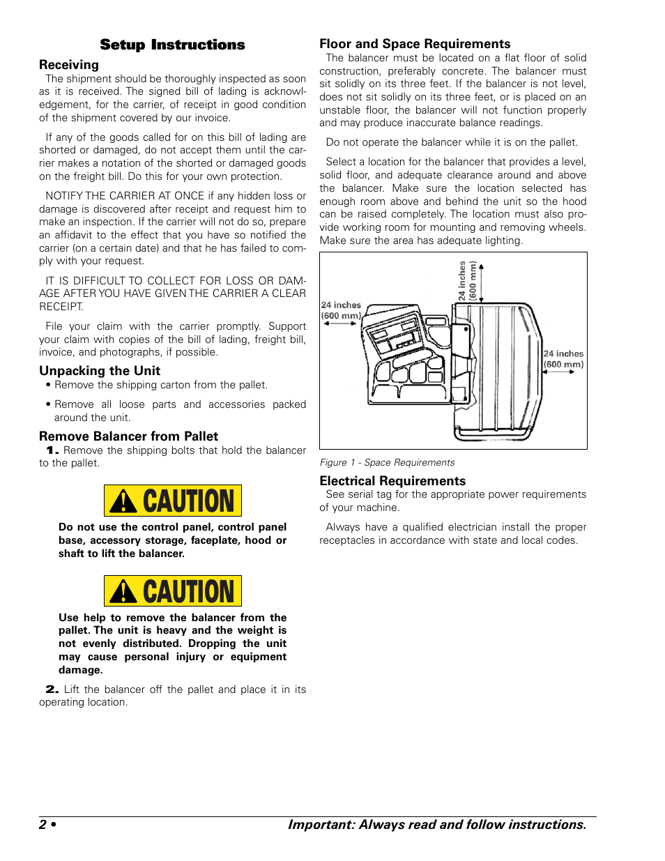 Caution, Setup instructions | BASELINE 225 User Manual | Page 6 / 28