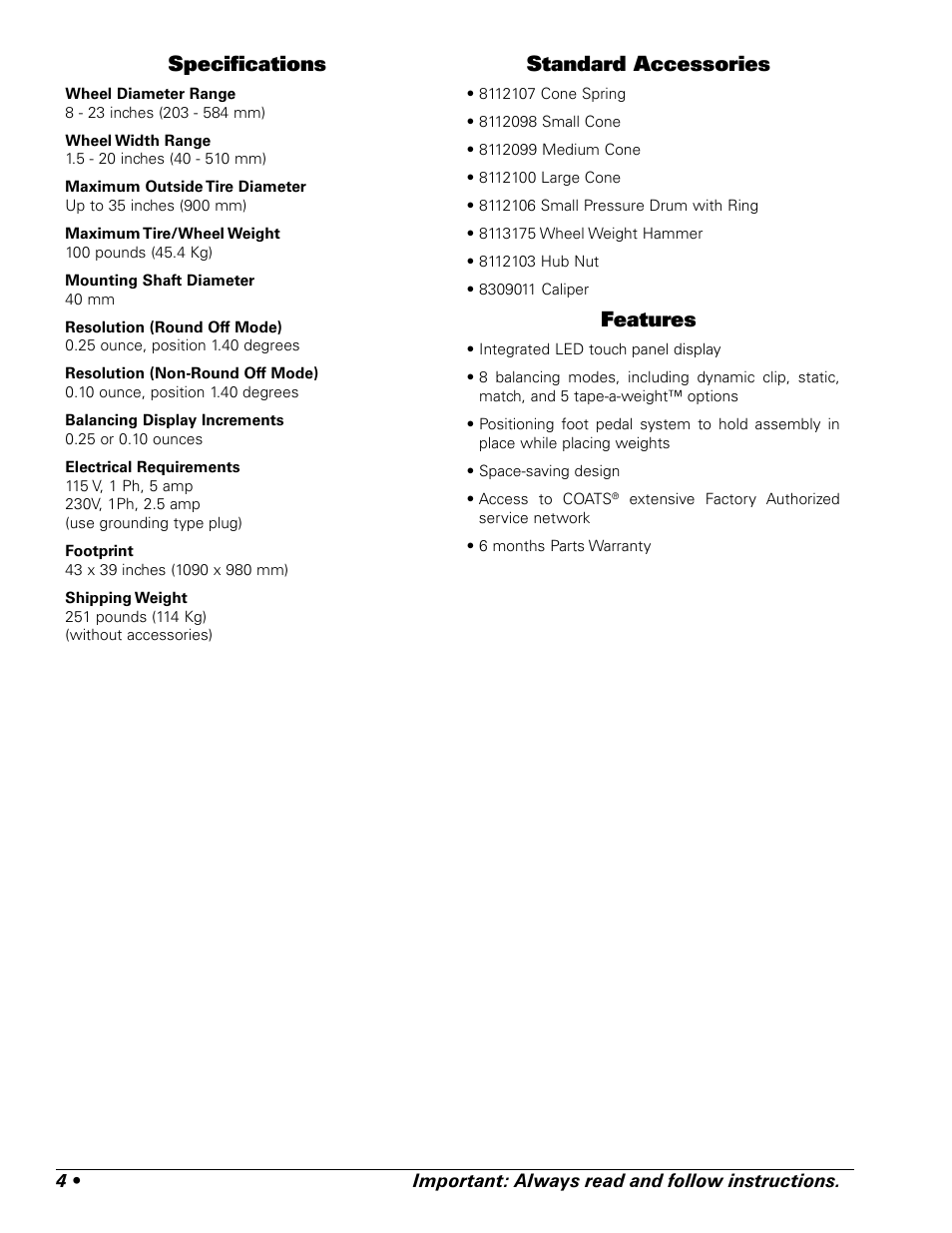 Specifi cations, Standard accessories, Features | BASELINE 225 User Manual | Page 8 / 28