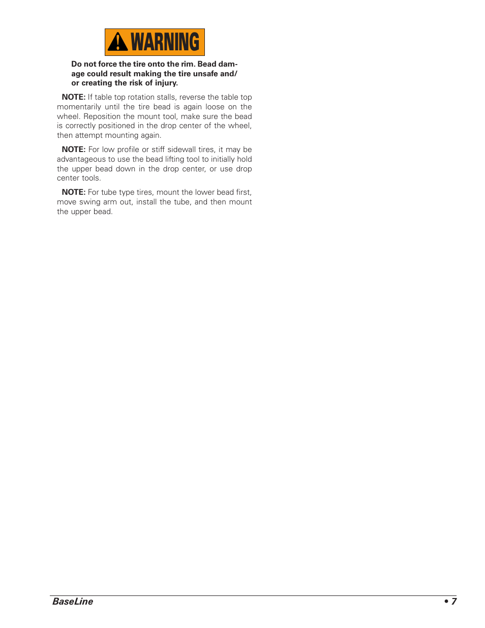 Warning | BASELINE Motorcycle Ready Addendum User Manual | Page 7 / 8