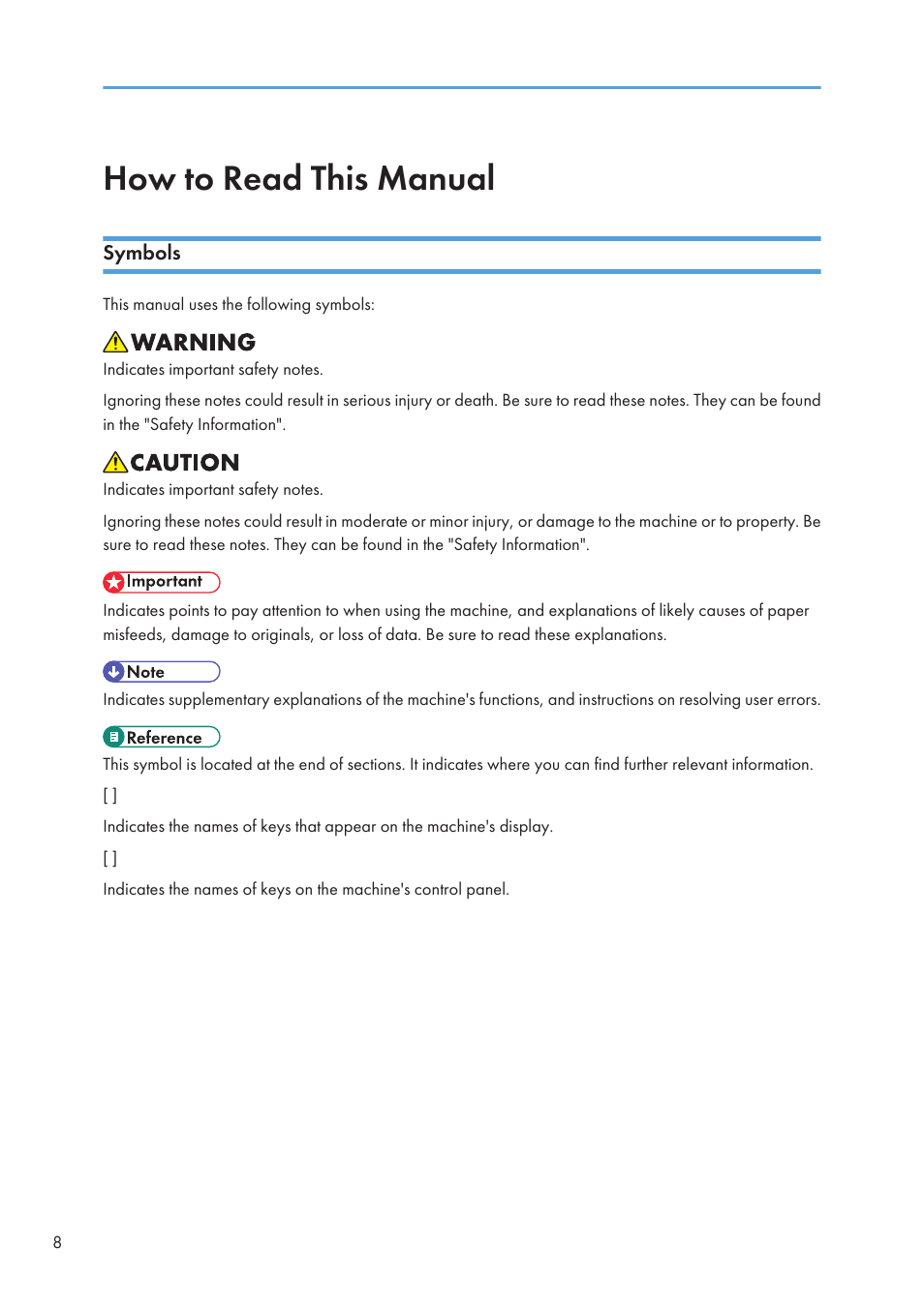 How to read this manual, Symbols | Ricoh Aficio SP 4110N User Manual | Page 10 / 204