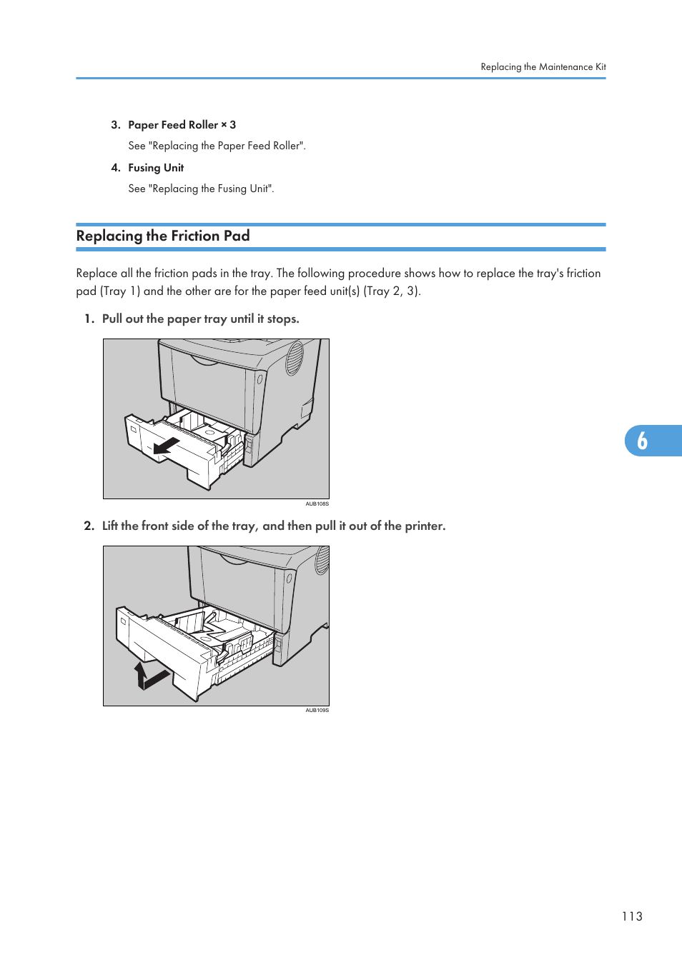Replacing the friction pad | Ricoh Aficio SP 4110N User Manual | Page 115 / 204