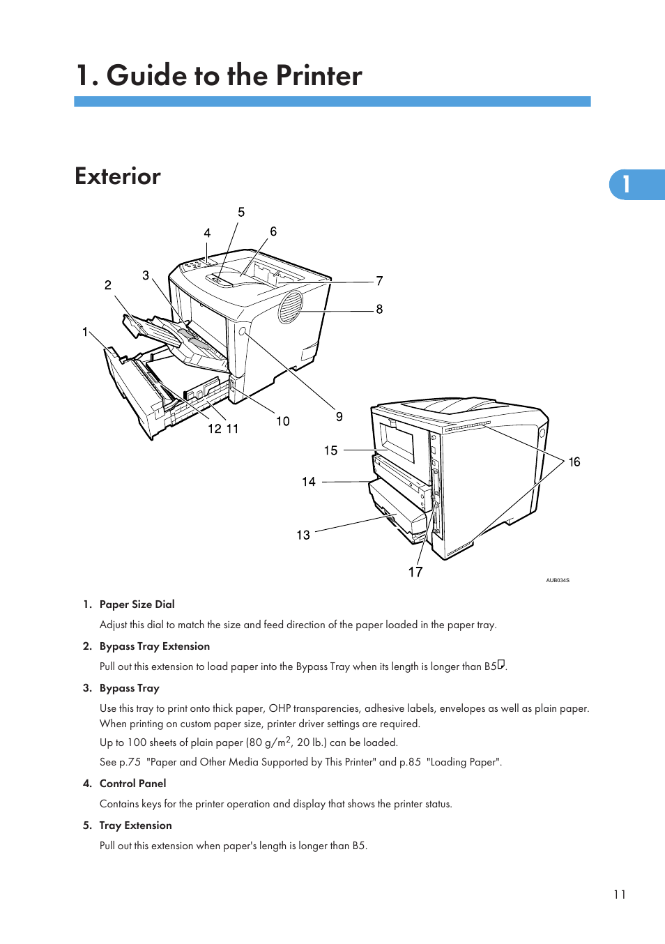 Guide to the printer, Exterior | Ricoh Aficio SP 4110N User Manual | Page 13 / 204