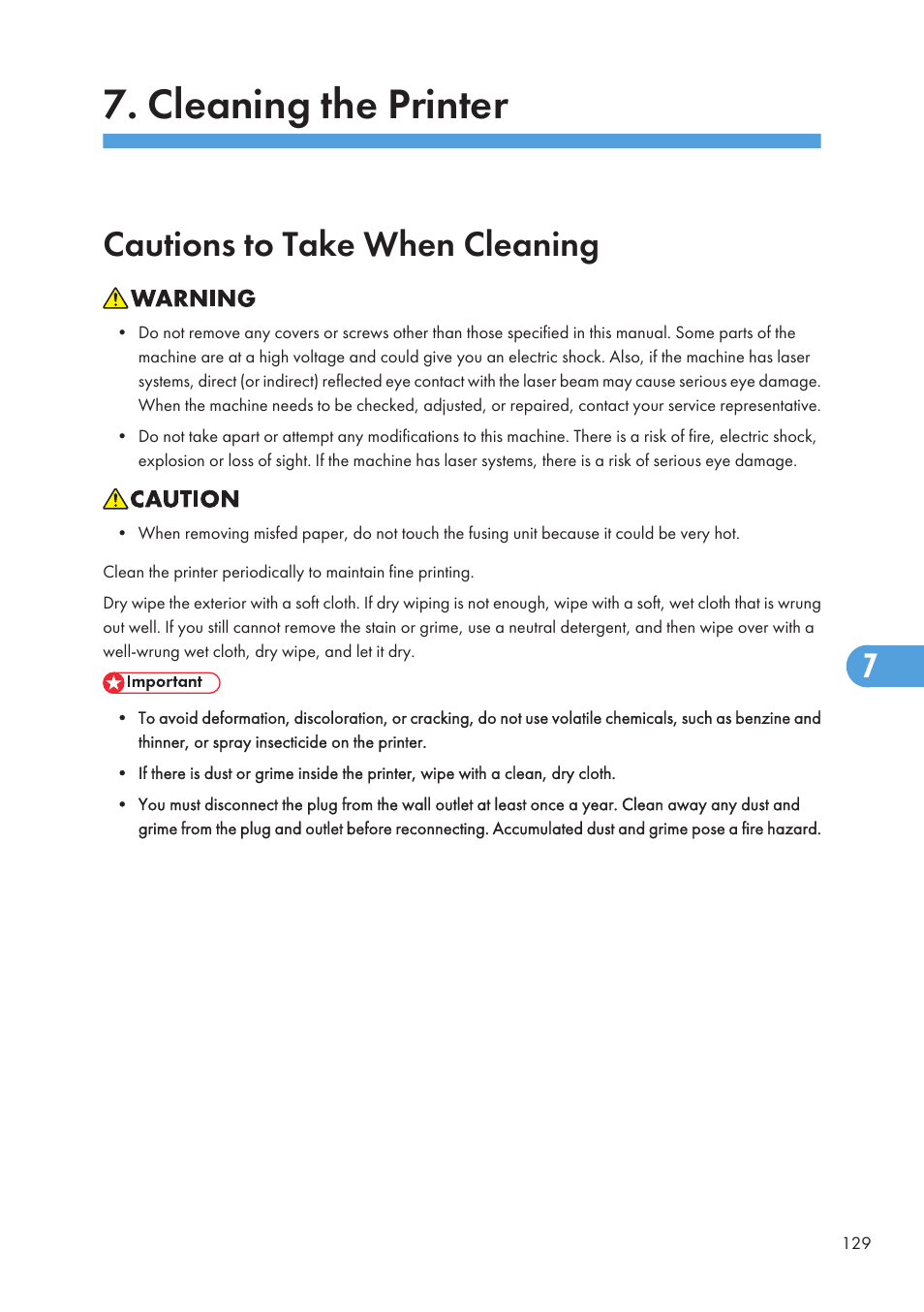 Cleaning the printer, Cautions to take when cleaning | Ricoh Aficio SP 4110N User Manual | Page 131 / 204