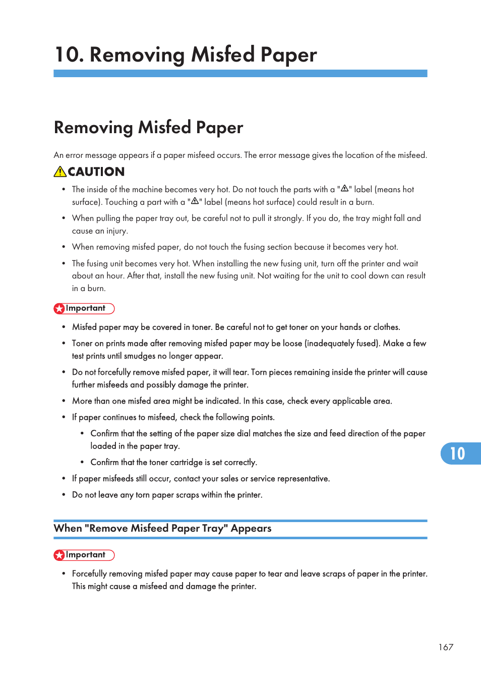 Removing misfed paper, When "remove misfeed paper tray" appears, See p.167 "removing misfed paper | Ricoh Aficio SP 4110N User Manual | Page 169 / 204