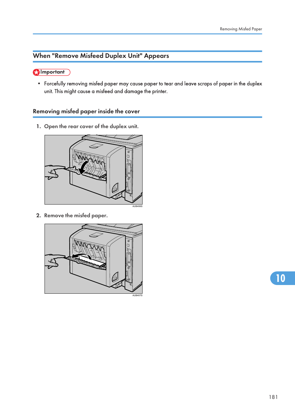 When "remove misfeed duplex unit" appears, Removing misfed paper inside the cover | Ricoh Aficio SP 4110N User Manual | Page 183 / 204