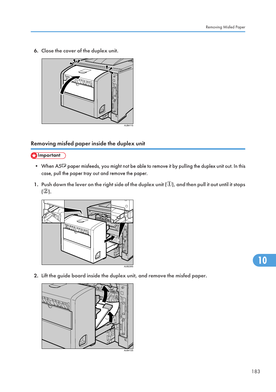 Removing misfed paper inside the duplex unit | Ricoh Aficio SP 4110N User Manual | Page 185 / 204