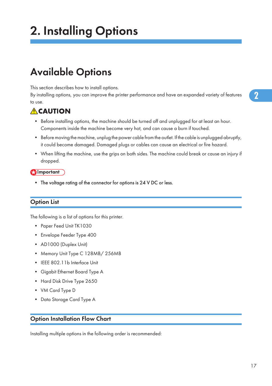 Installing options, Available options, Option list | Option installation flow chart, 17 option installation flow chart | Ricoh Aficio SP 4110N User Manual | Page 19 / 204