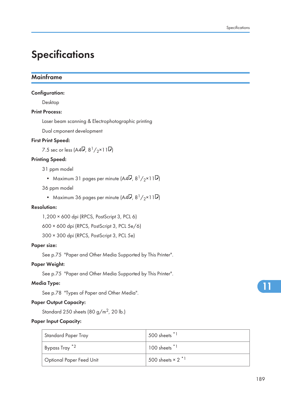 Specifications, Mainframe | Ricoh Aficio SP 4110N User Manual | Page 191 / 204