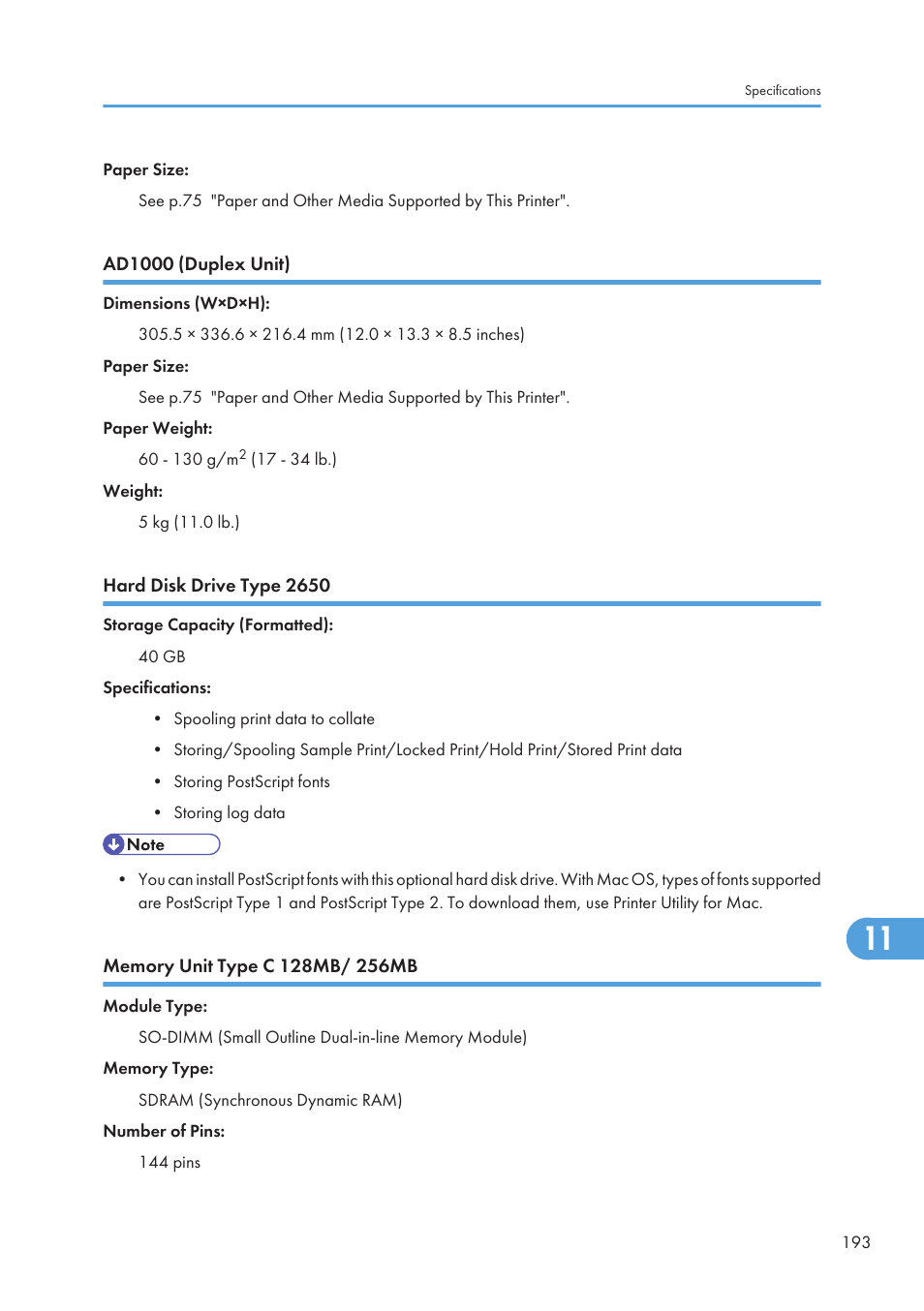 Ad1000 (duplex unit), Hard disk drive type 2650, Memory unit type c 128mb/ 256mb | Ricoh Aficio SP 4110N User Manual | Page 195 / 204