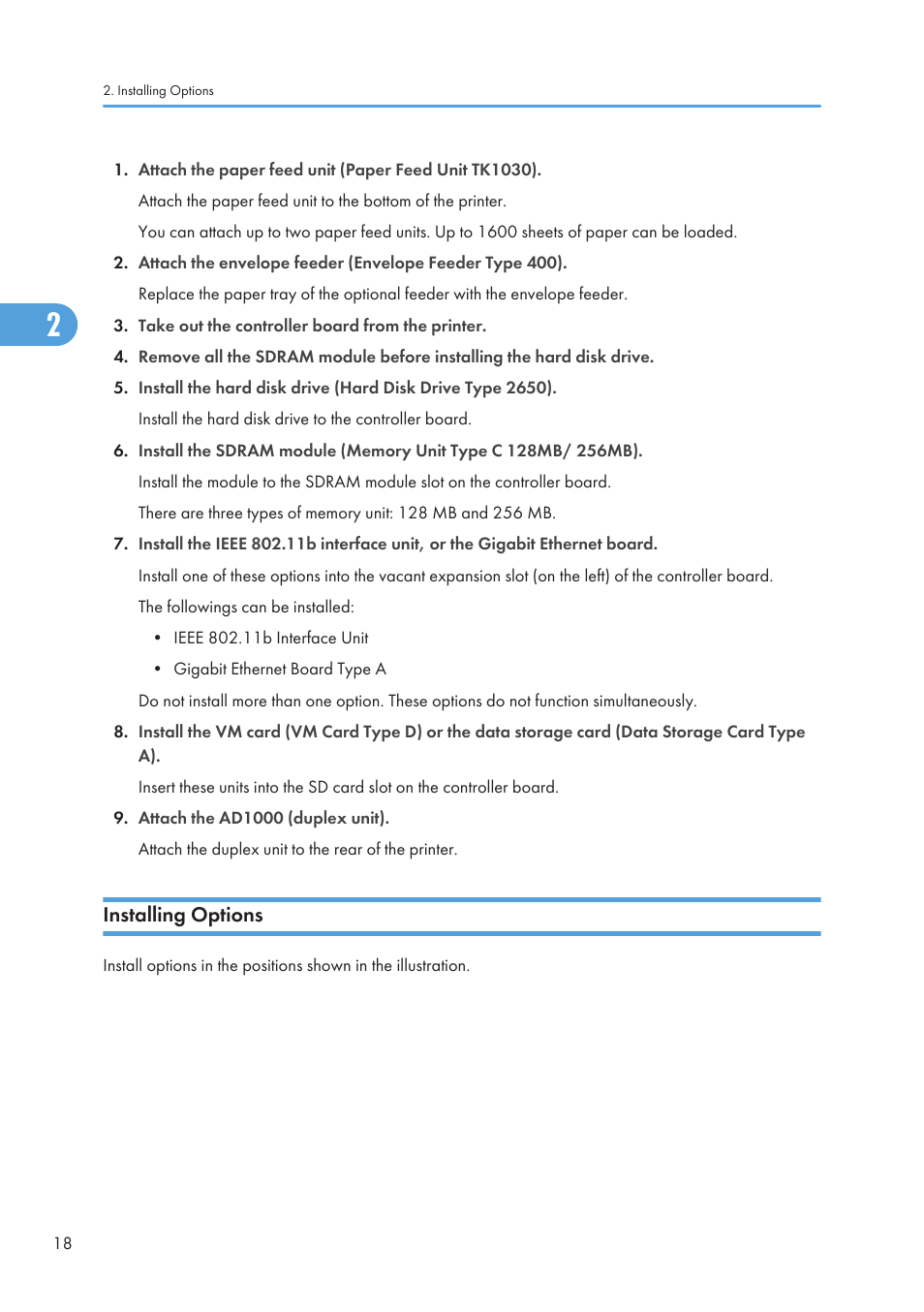 Installing options | Ricoh Aficio SP 4110N User Manual | Page 20 / 204