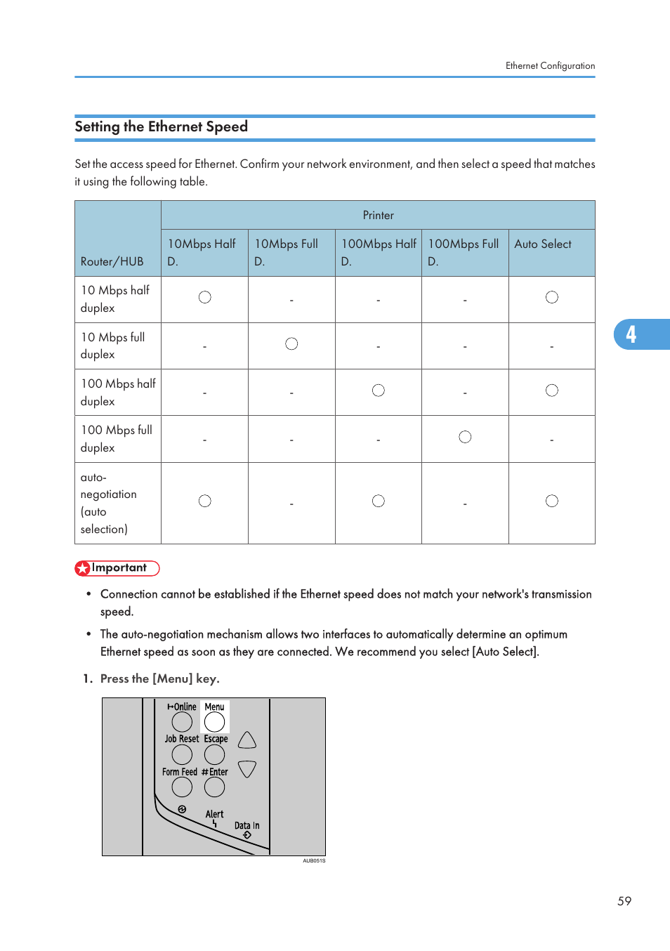 Setting the ethernet speed | Ricoh Aficio SP 4110N User Manual | Page 61 / 204
