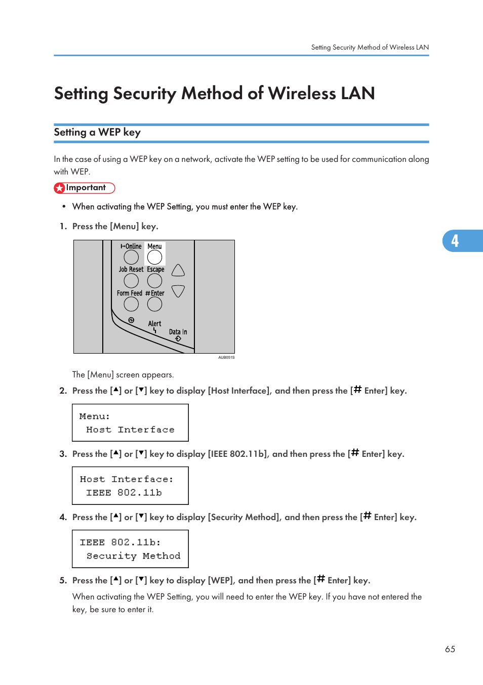 Setting security method of wireless lan, Setting a wep key | Ricoh Aficio SP 4110N User Manual | Page 67 / 204