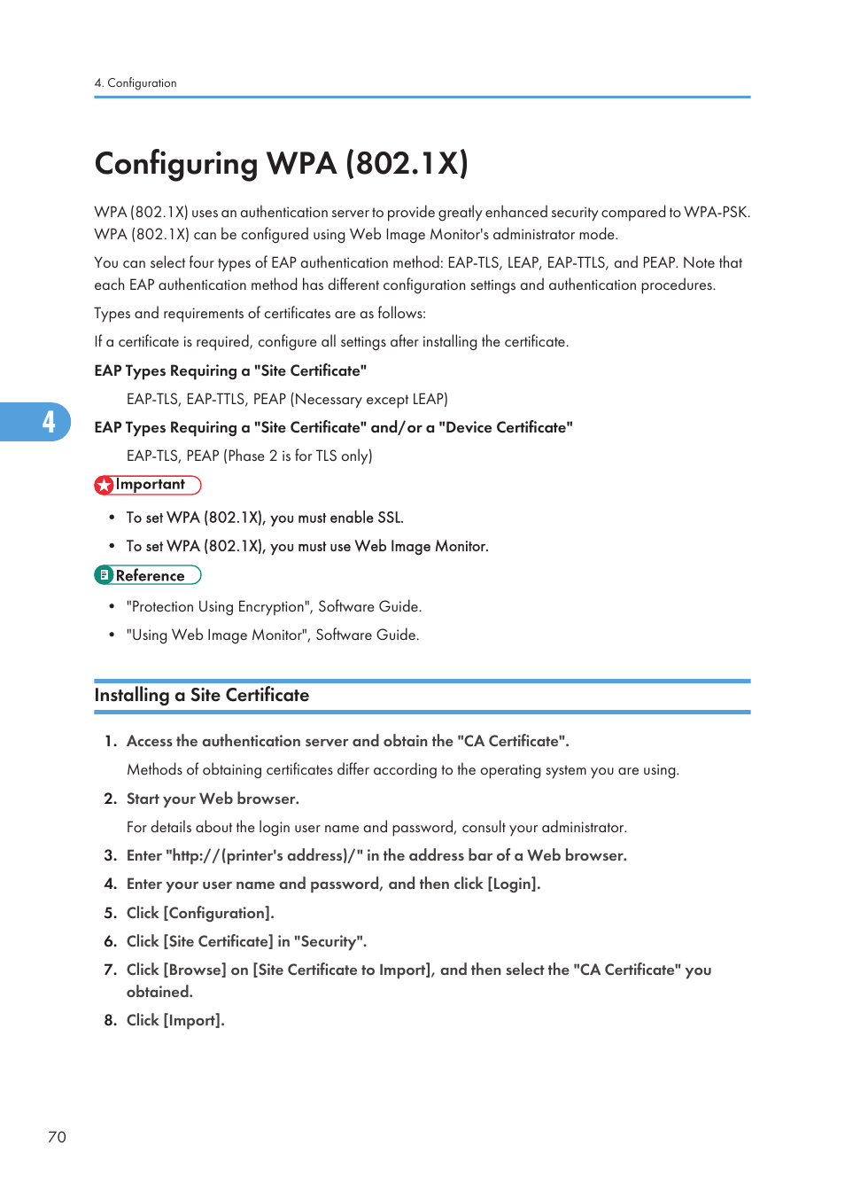 Configuring wpa (802.1x), Installing a site certificate | Ricoh Aficio SP 4110N User Manual | Page 72 / 204