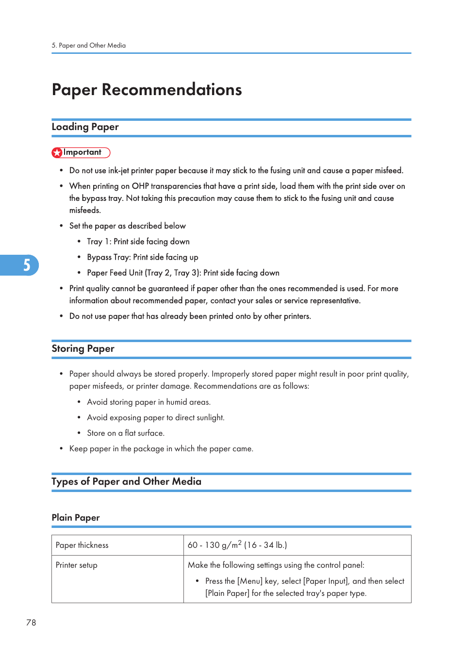Paper recommendations, Loading paper, Storing paper | Types of paper and other media, Plain paper | Ricoh Aficio SP 4110N User Manual | Page 80 / 204