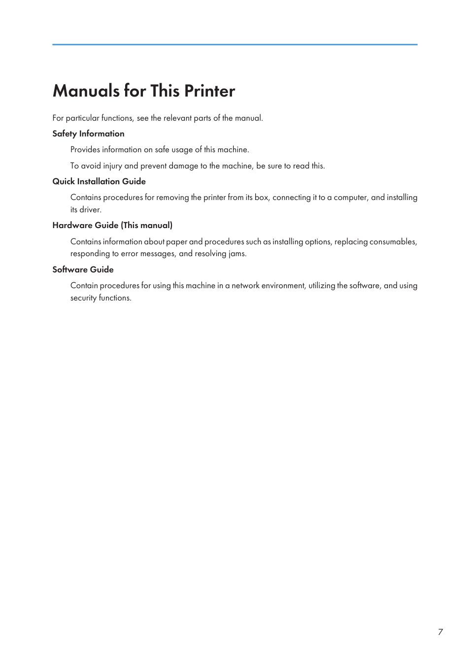 Manuals for this printer | Ricoh Aficio SP 4110N User Manual | Page 9 / 204