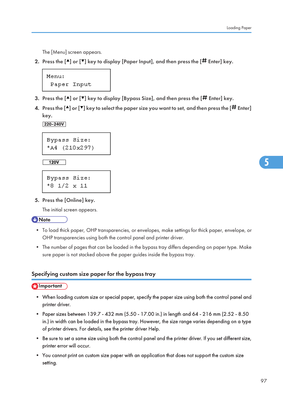 Specifying custom size paper for the bypass tray | Ricoh Aficio SP 4110N User Manual | Page 99 / 204