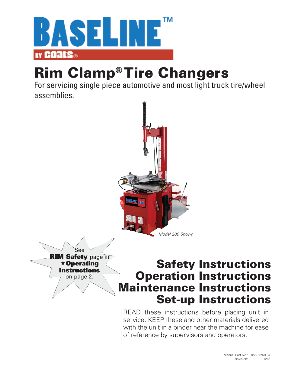 BASELINE Tire Changer User Manual | 30 pages