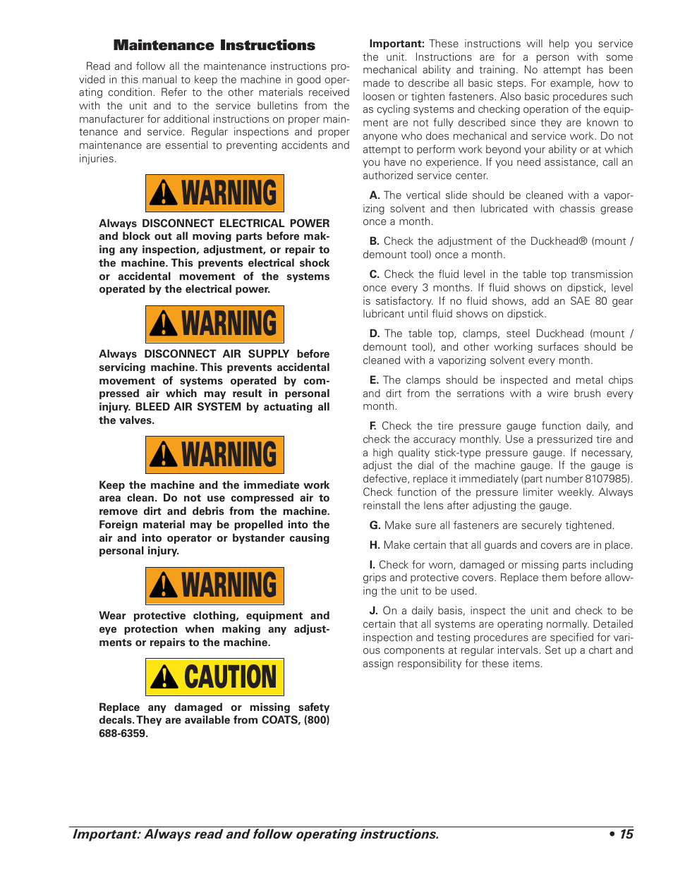 Warning, Caution | BASELINE Tire Changer User Manual | Page 19 / 30