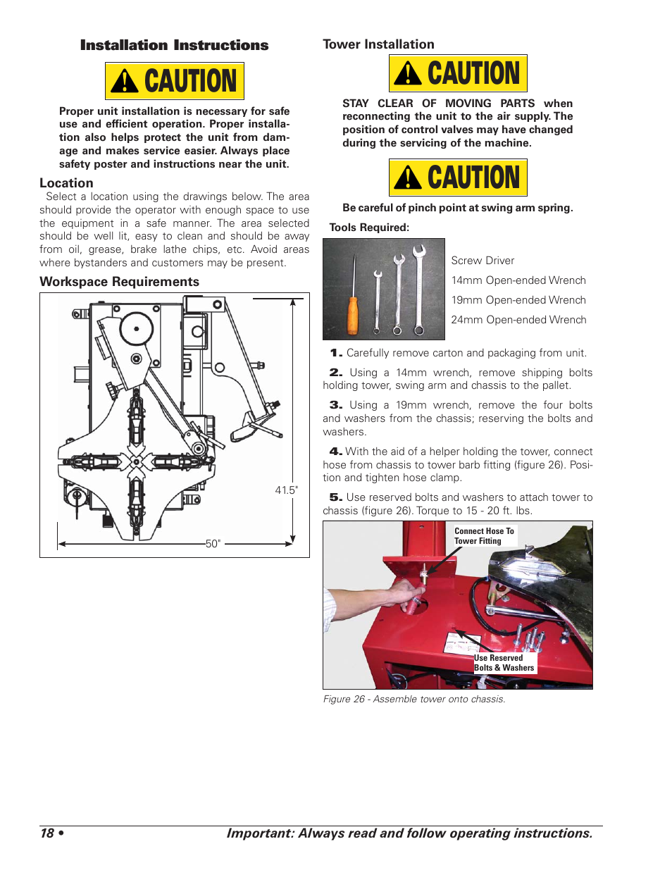 Caution, Installation instructions | BASELINE Tire Changer User Manual | Page 22 / 30