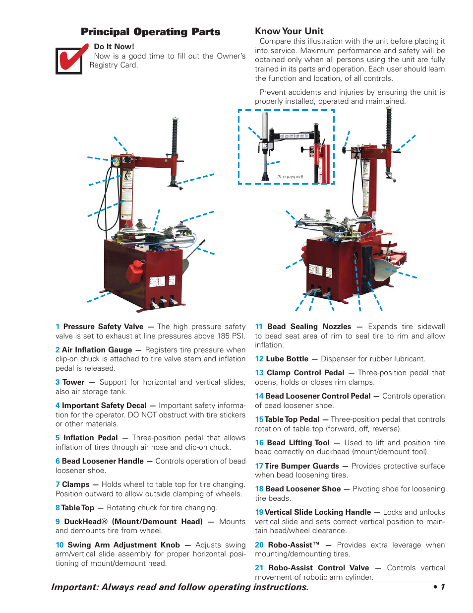 Principal operating parts | BASELINE Tire Changer User Manual | Page 5 / 30