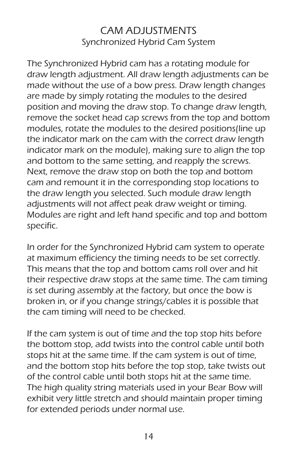 Cam adjustments | Bear Archery Compound Bow 2014 User Manual | Page 17 / 40