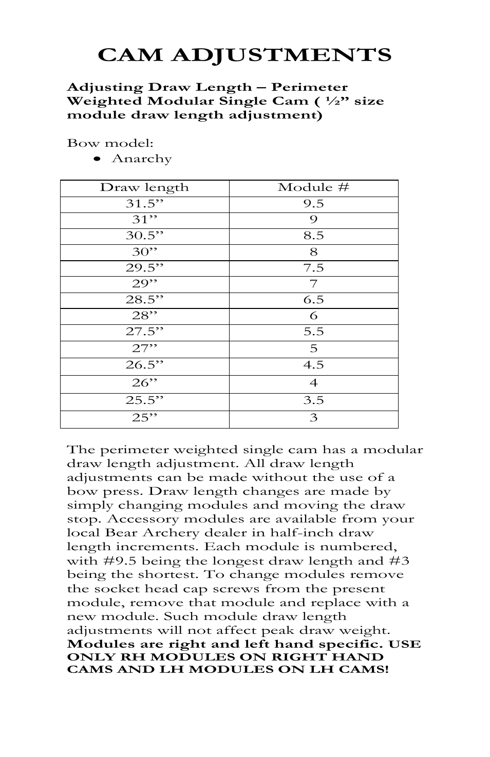 Cam adjustments | Bear Archery Compound Bow 2013 User Manual | Page 19 / 39