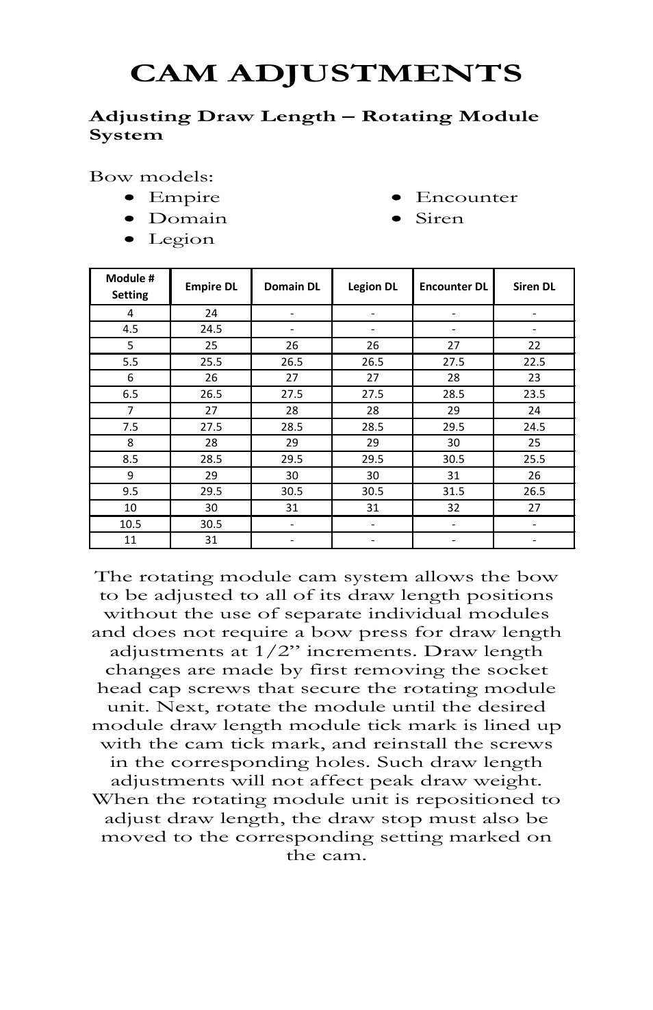 Adjusting draw length – rotating module system, Cam adjustments | Bear Archery Compound Bow 2013 User Manual | Page 23 / 39