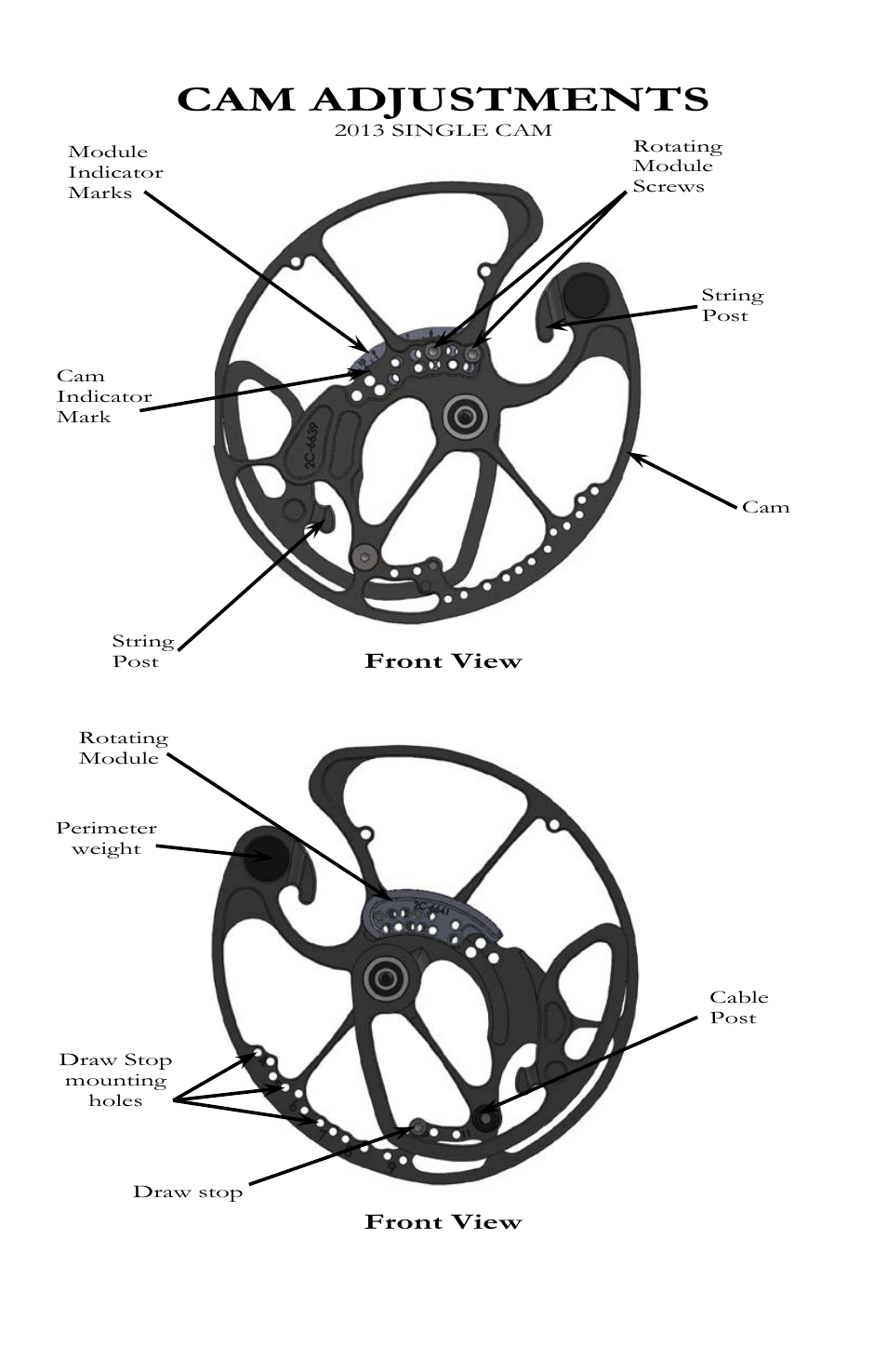 Front view, Cam adjustments | Bear Archery Compound Bow 2013 User Manual | Page 24 / 39