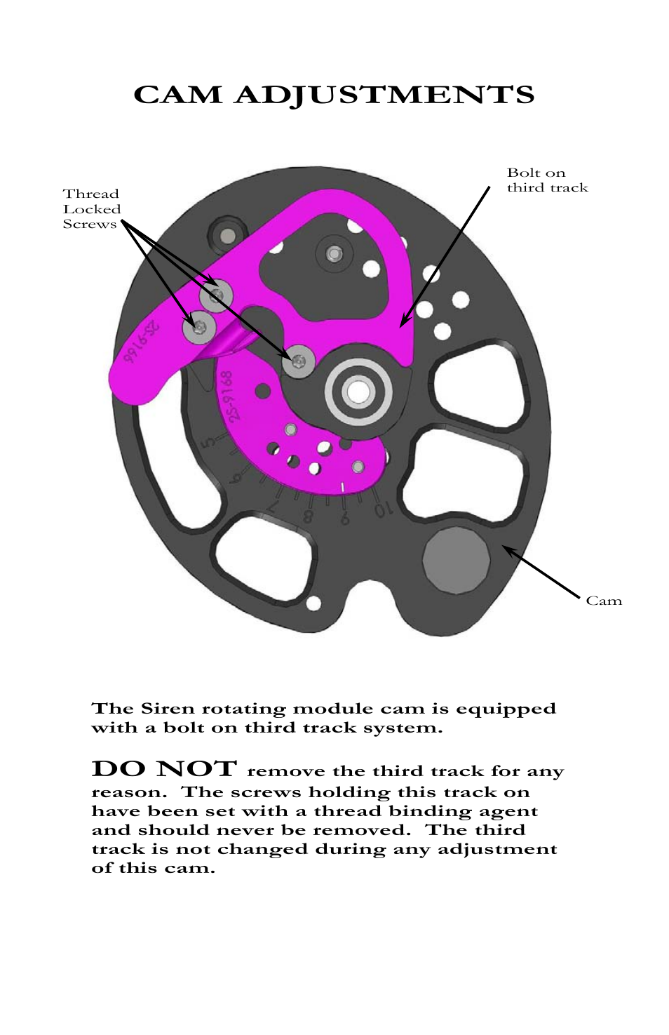 Cam adjustments, Do not, Siren rotating module cam back view | Bear Archery Compound Bow 2013 User Manual | Page 26 / 39