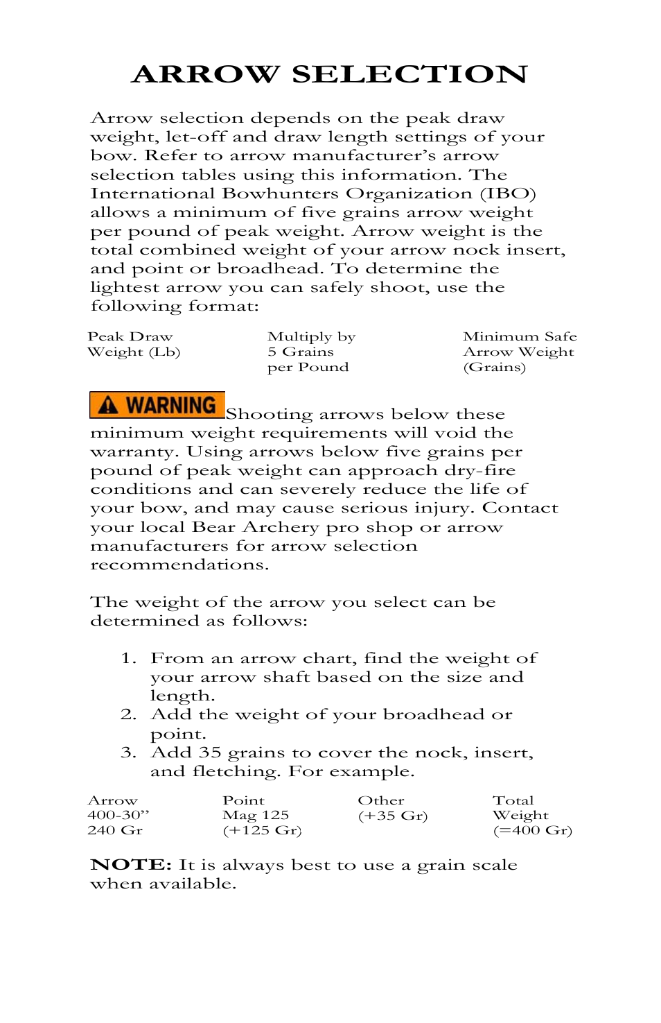 Arrow selection | Bear Archery Compound Bow 2013 User Manual | Page 37 / 39