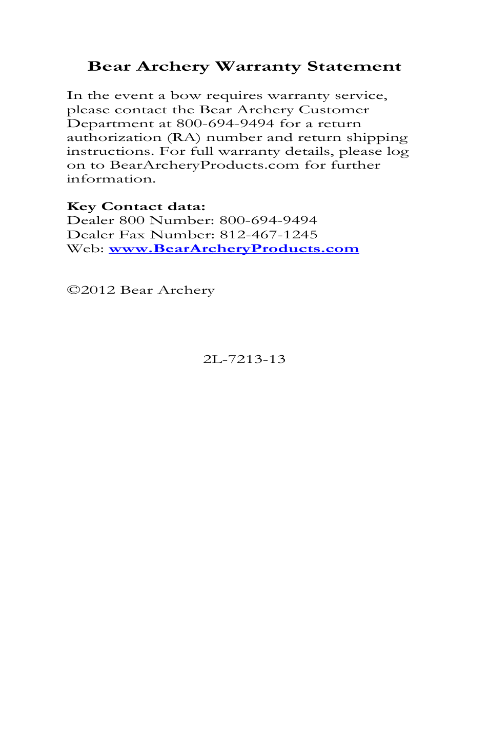 Bear archery warranty statement | Bear Archery Compound Bow 2013 User Manual | Page 39 / 39