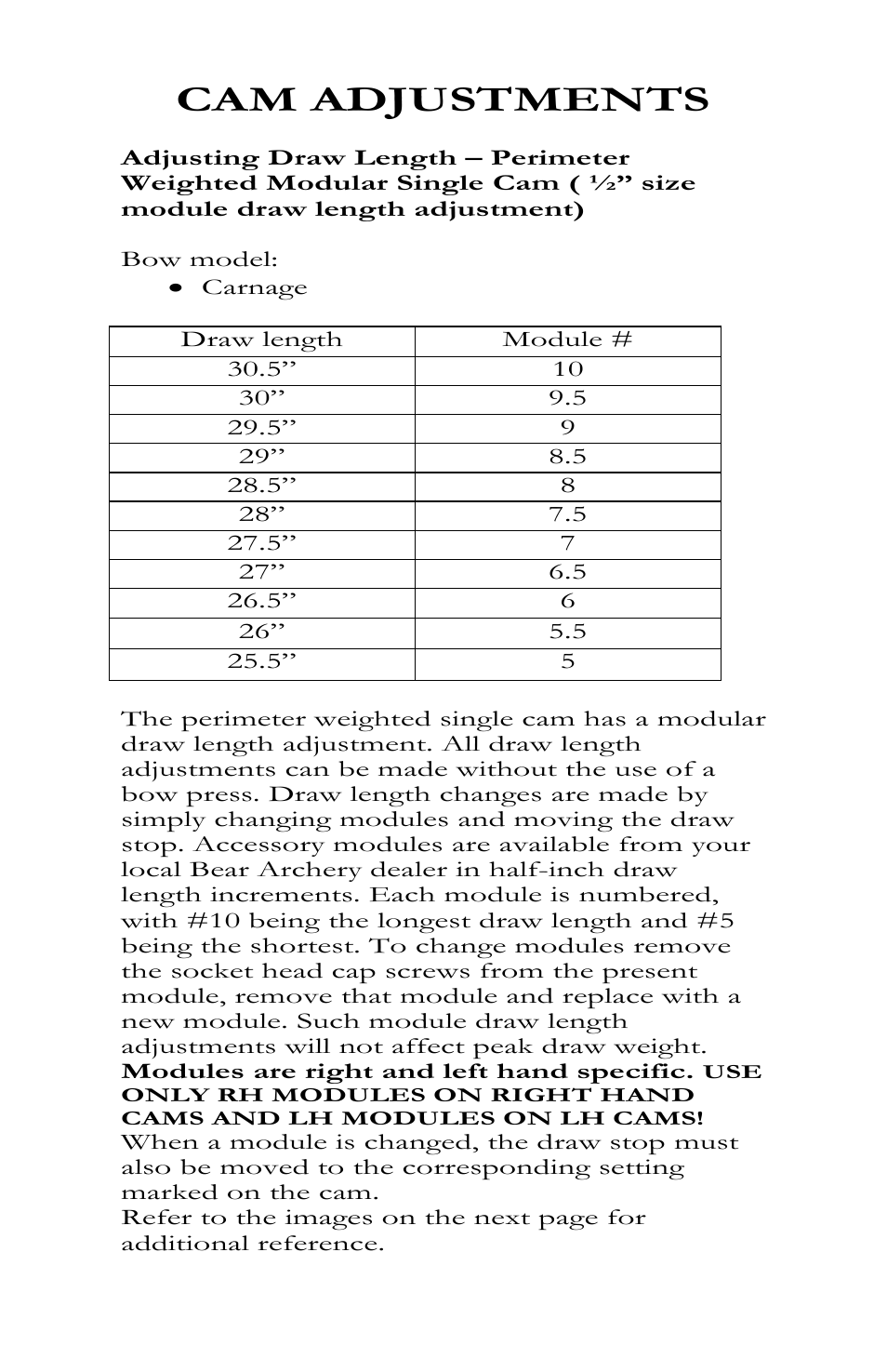 Cam adjustments | Bear Archery Compound Bow 2012 User Manual | Page 18 / 36