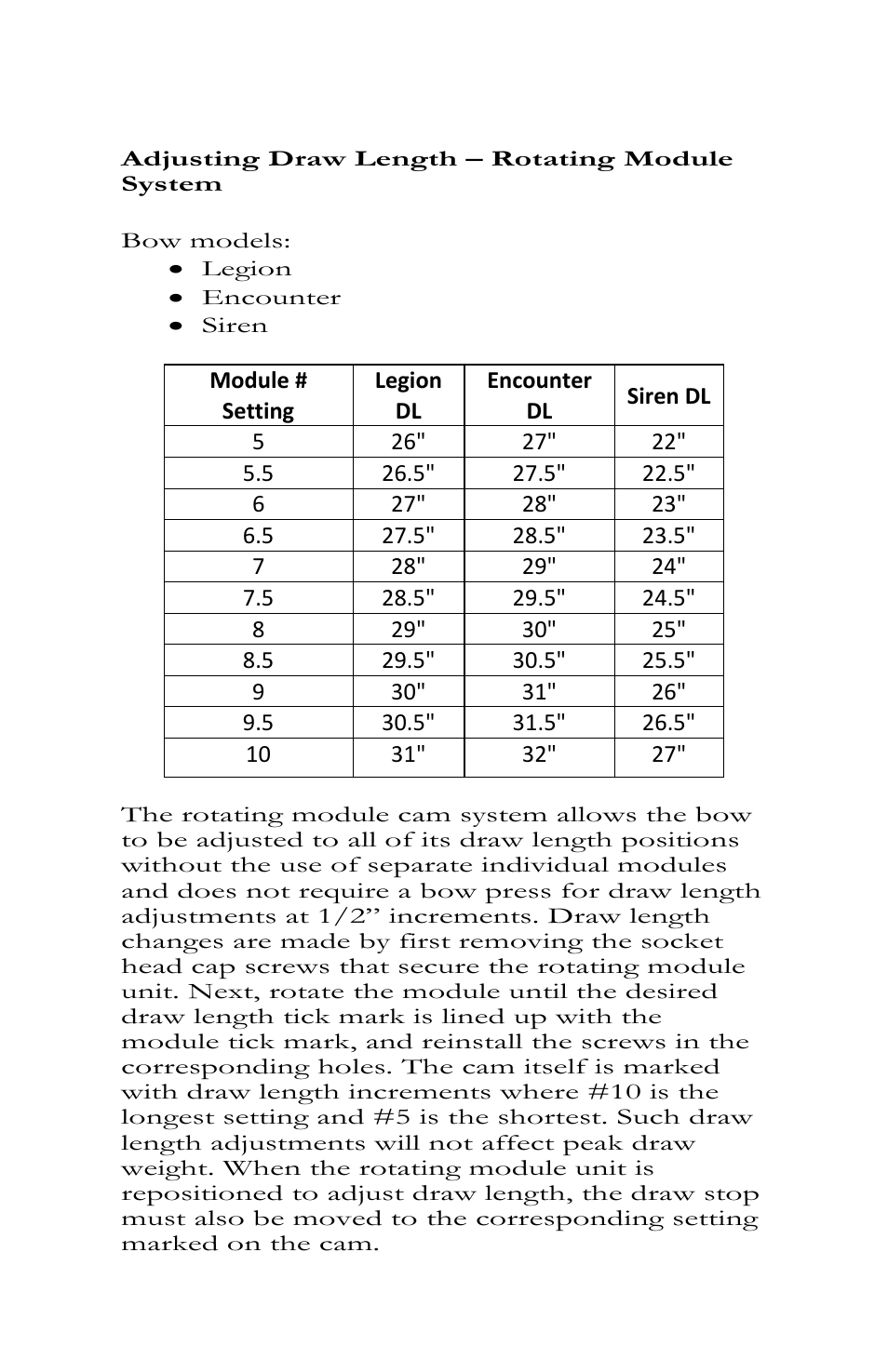 Adjusting draw length – rotating module system, Cam adjustments | Bear Archery Compound Bow 2012 User Manual | Page 22 / 36