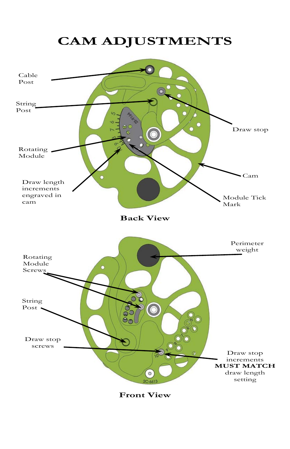 Cam adjustments, Back view, Front view | Bear Archery Compound Bow 2012 User Manual | Page 23 / 36