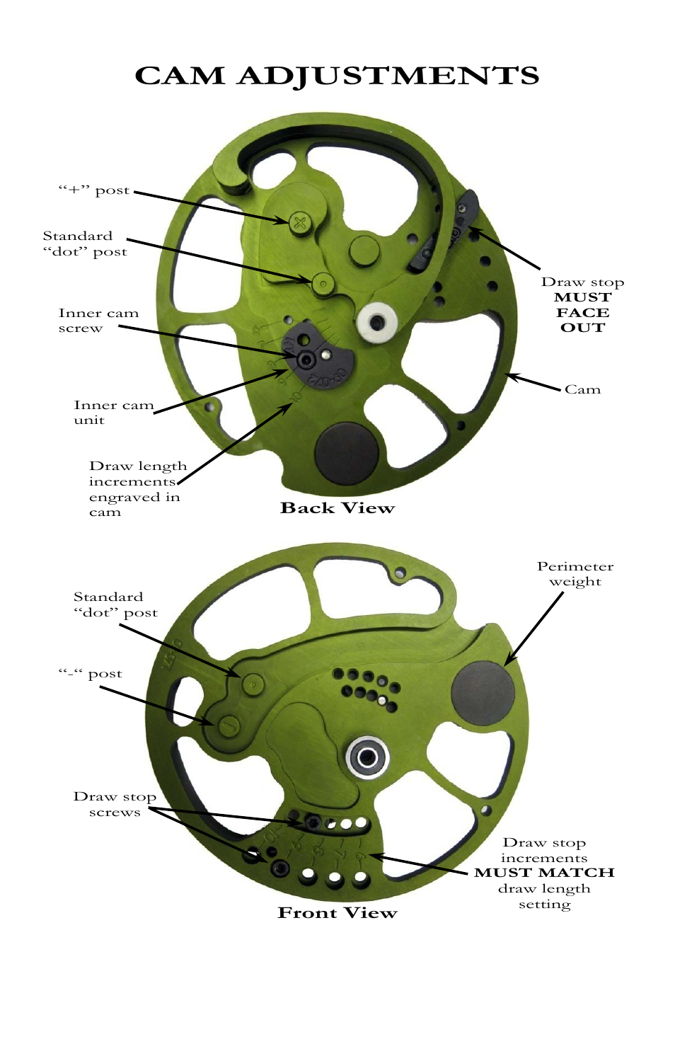 Cam adjustments, Back view, Front view | Bear Archery Compound Bow 2012 User Manual | Page 26 / 36