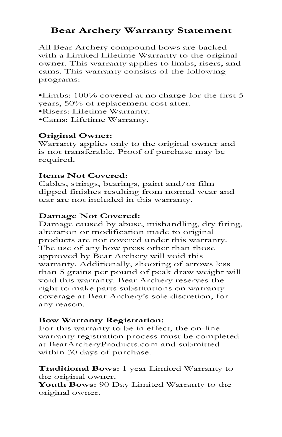 35 bear archery warranty statement | Bear Archery Compound Bow 2012 User Manual | Page 35 / 36