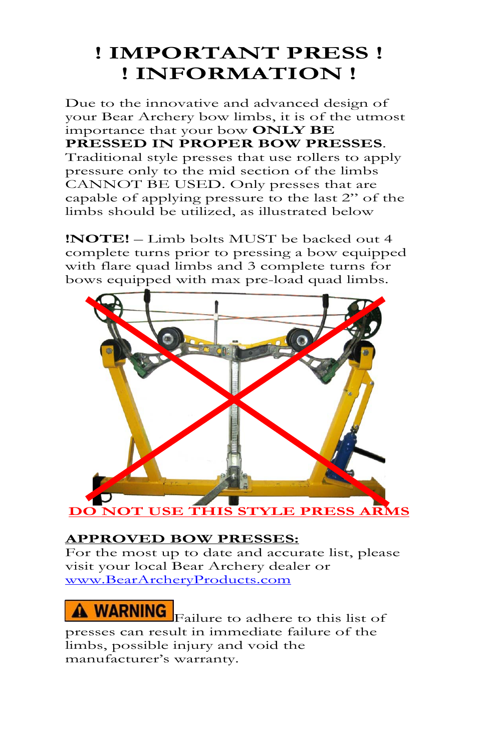 Important press ! ! information | Bear Archery Compound Bow 2012 User Manual | Page 4 / 36