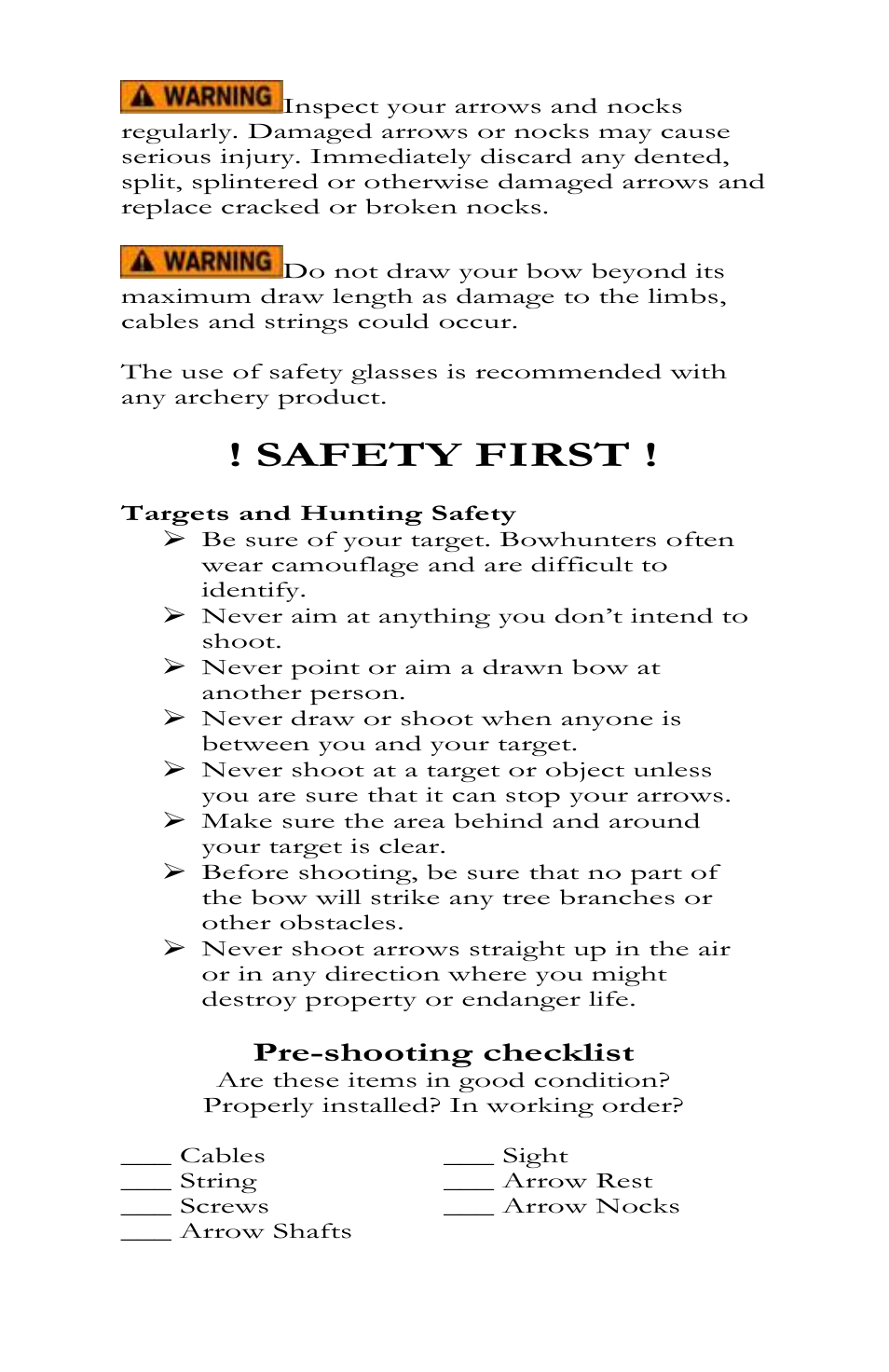 Safety first, Pre-shooting checklist | Bear Archery Goblin 2012 User Manual | Page 4 / 13